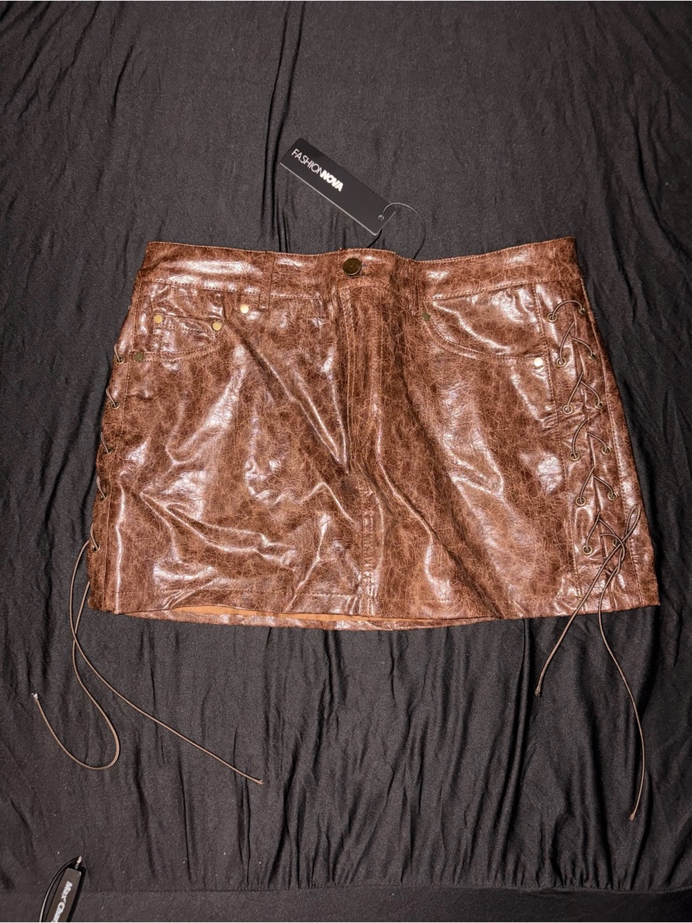 Fashion Nova Brown Faux Leather Lace-Up Mini Skirt